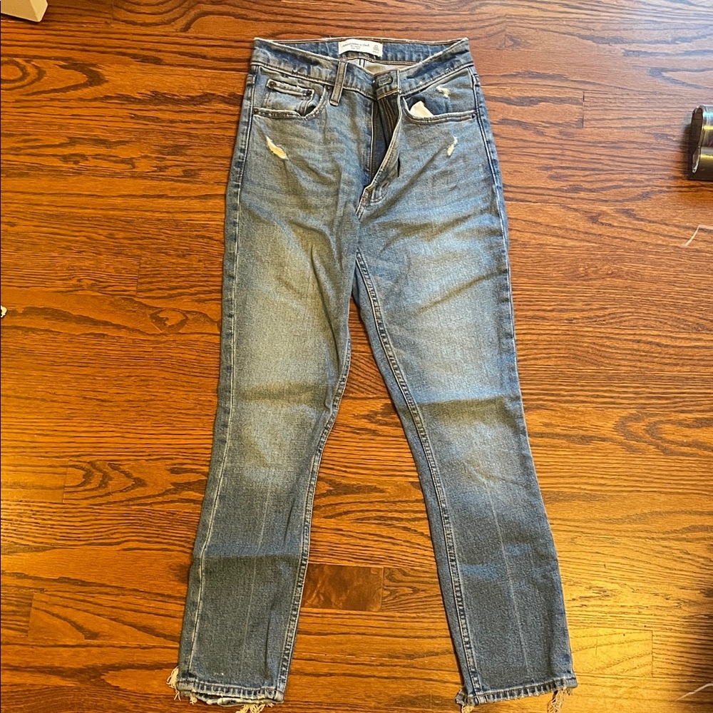 Abercrombie & Fitch Women's Distressed Blue Straight Leg Jeans